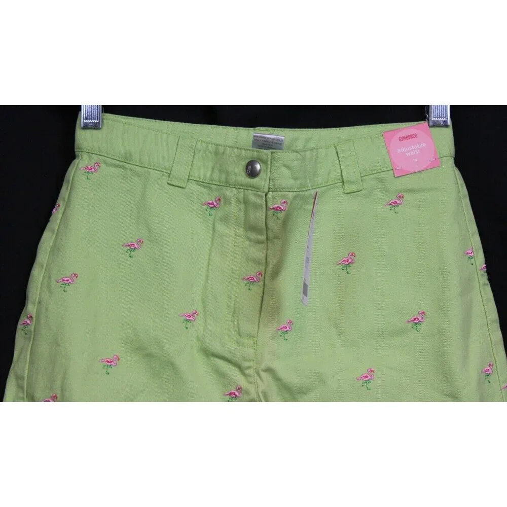 NWT 2006 Gymboree Island Fun Lime Green Shorts sz 10 Flamingo Embroider Bows